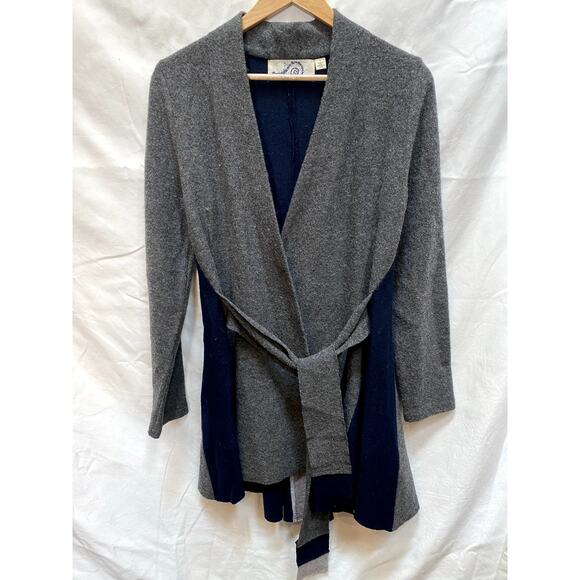 Anthropologie S grey navy wool tie front cardigan - Picture 2 of 6